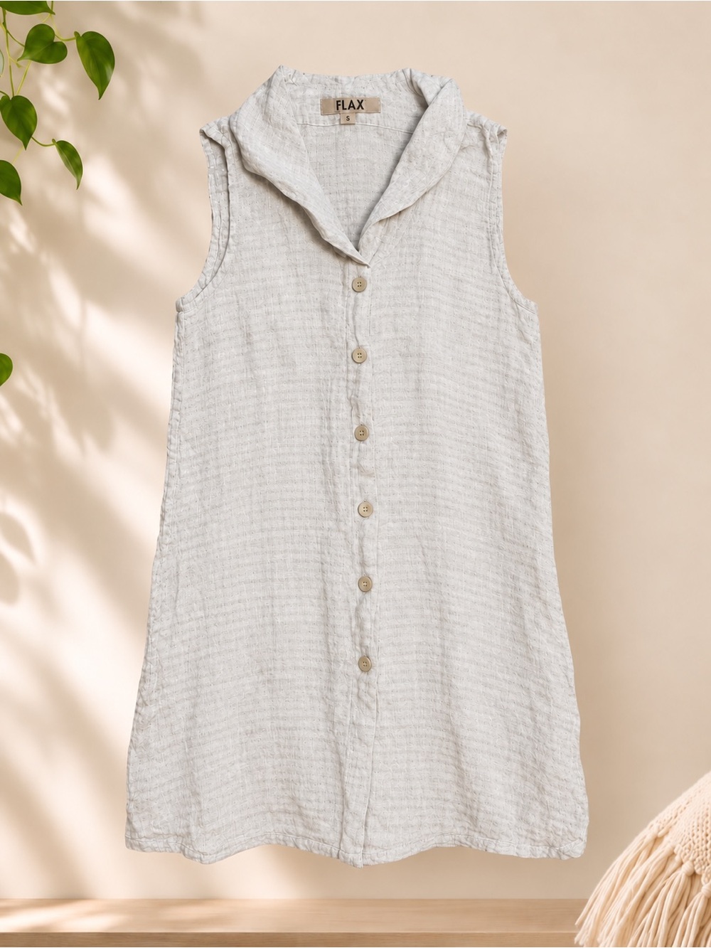 Flax 100% Linen Silver/Gray Sleeveless Crinkle  Button Down-Sz